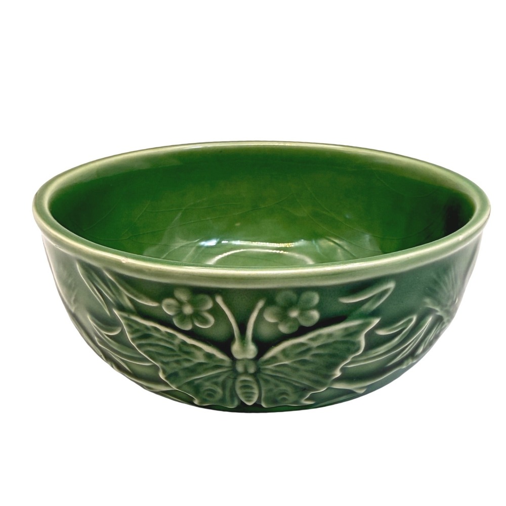 Sur La Table Portugal Green Butterfly Bowl Embossed Ceramic 7"